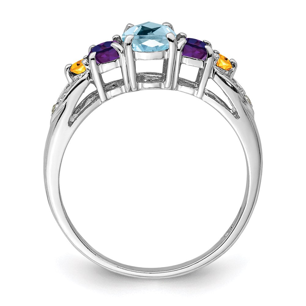 Sterling Silver Rhodium Lght Sw Blue Topaz, Amthyst, Citrine & Diam. Ring