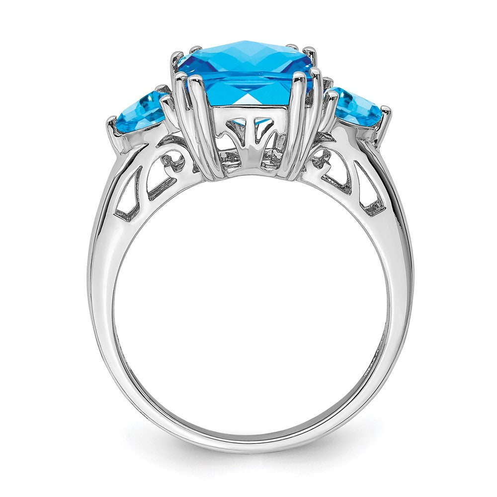 Sterling Silver Rhodium Octagonal Checker-Cut Blue Topaz Ring