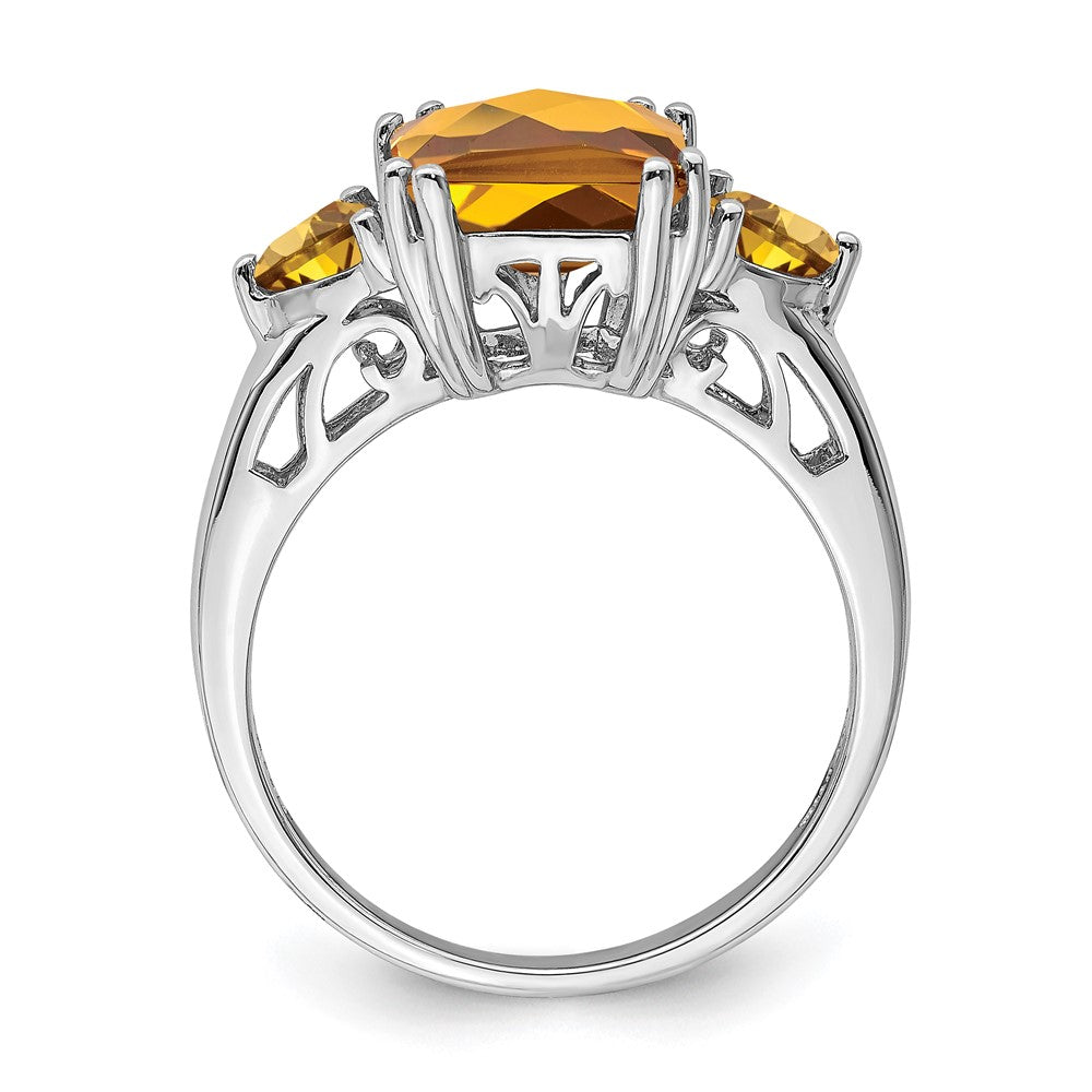 Sterling Silver Rhodium Octagonal Checker-Cut Whiskey Quartz Ring