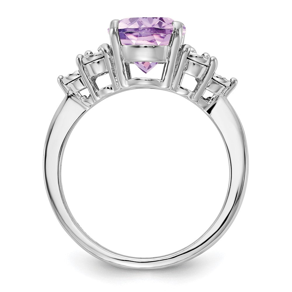 Sterling Silver Rhodium Diam. & Oval Pink Quartz Ring