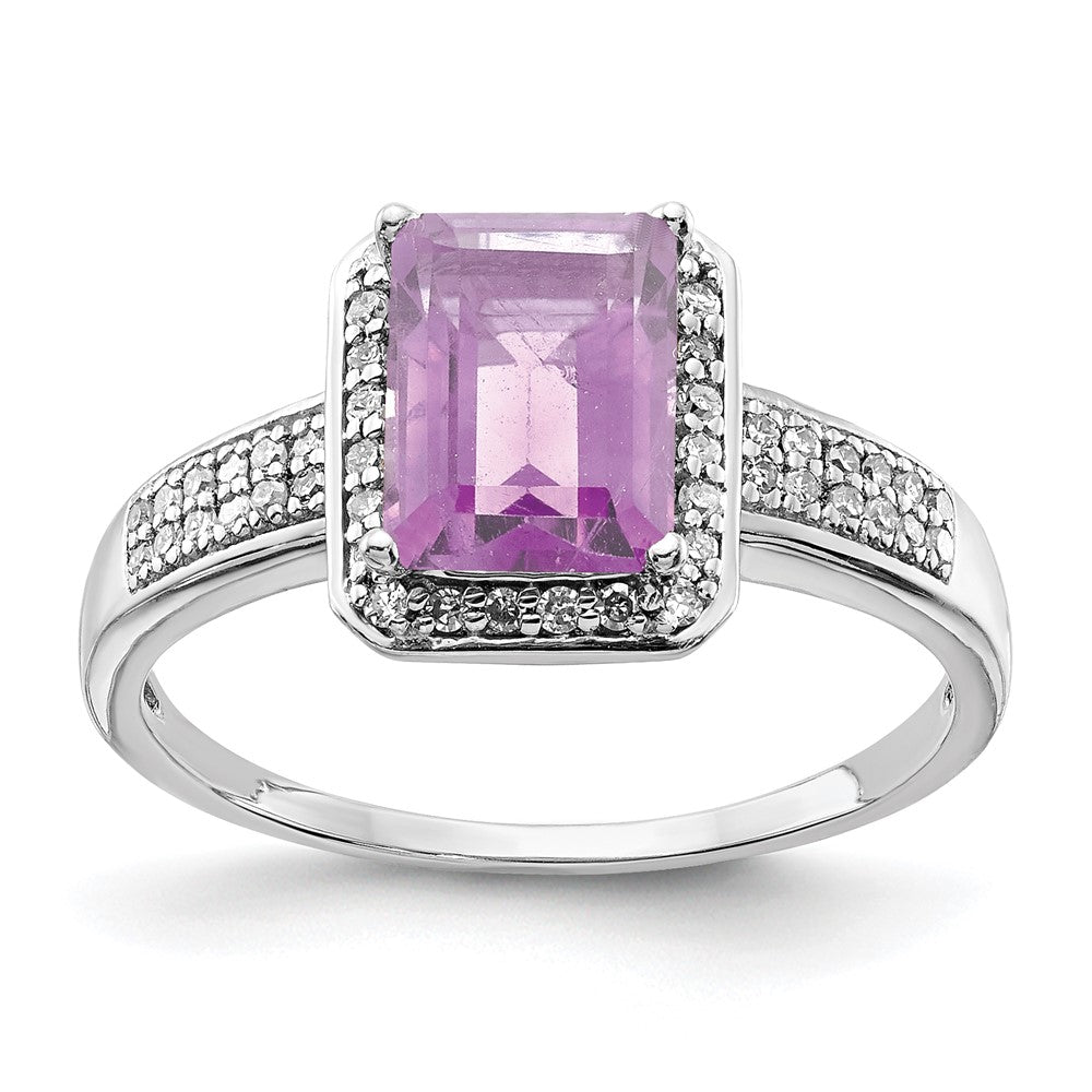 Sterling Silver Rhodium Diam. & Octagonal Pink Quartz Ring