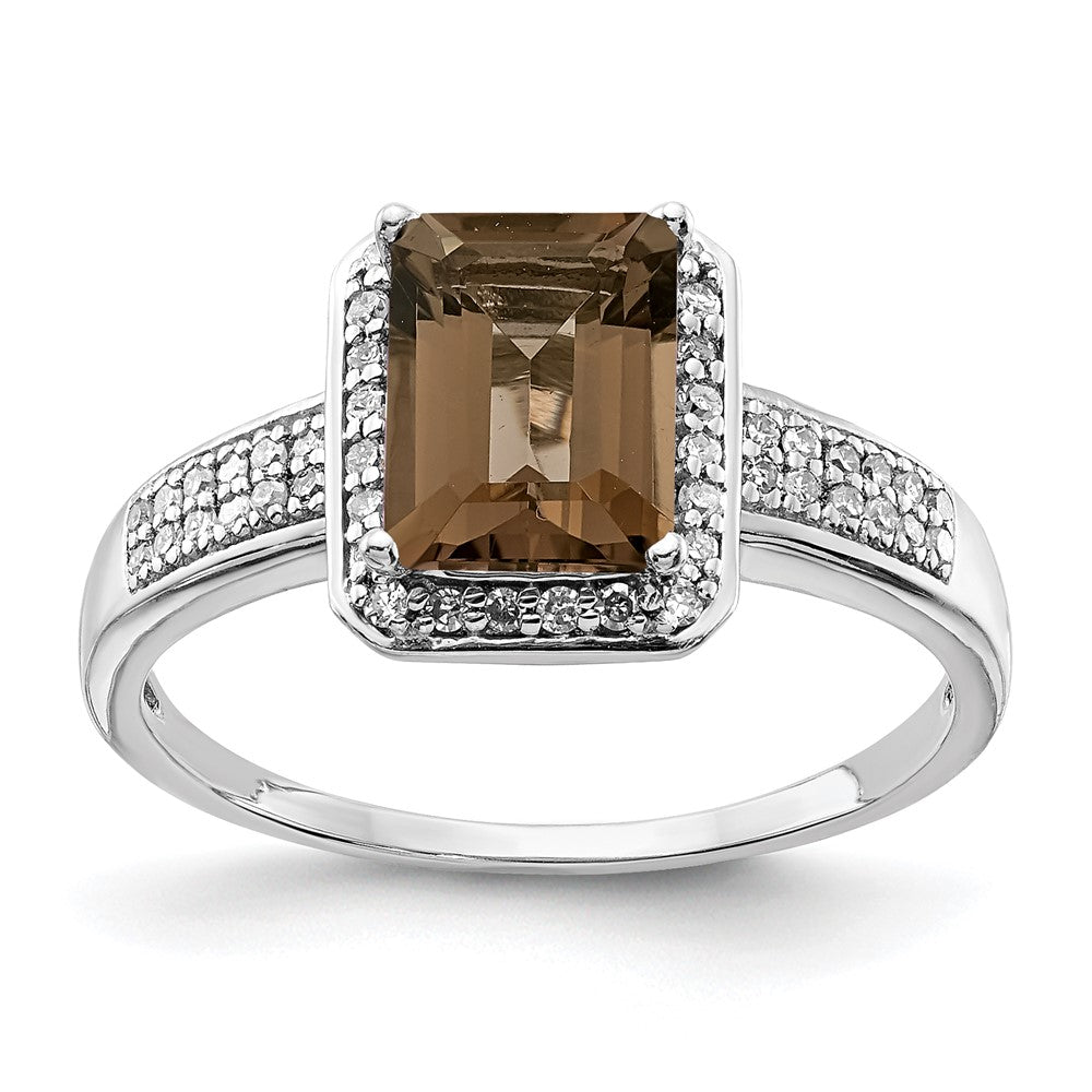 Sterling Silver Rhodium Diam. & Octagonal Smoky Quartz Ring
