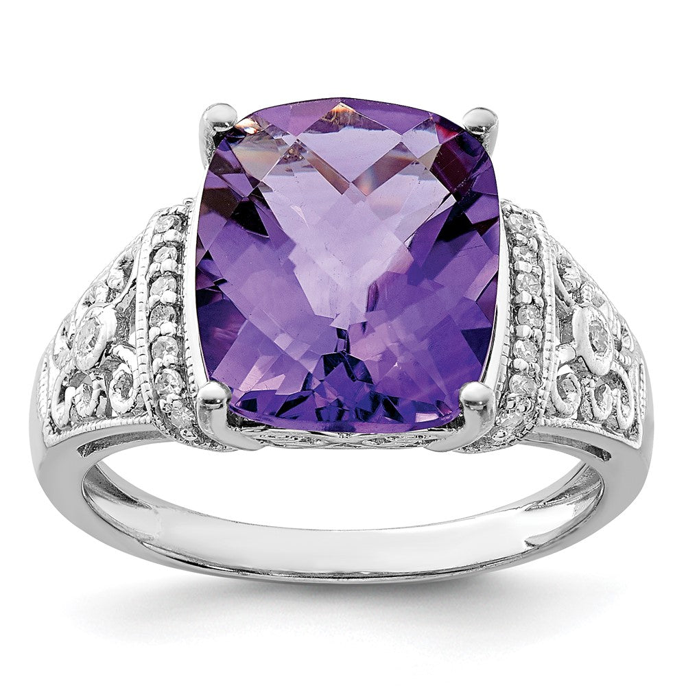 Sterling Silver Rhodium-plated Checker-Cut Amethyst & Diamond Ring