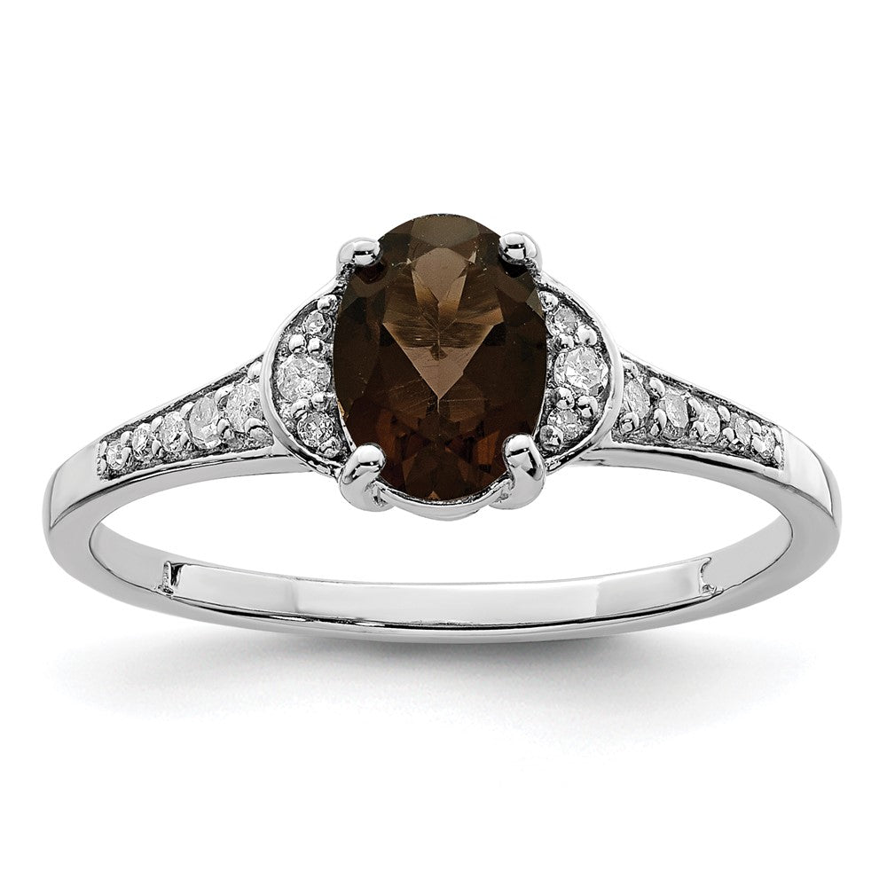 Sterling Silver Rhodium Oval Smoky Quartz & Diam. Ring