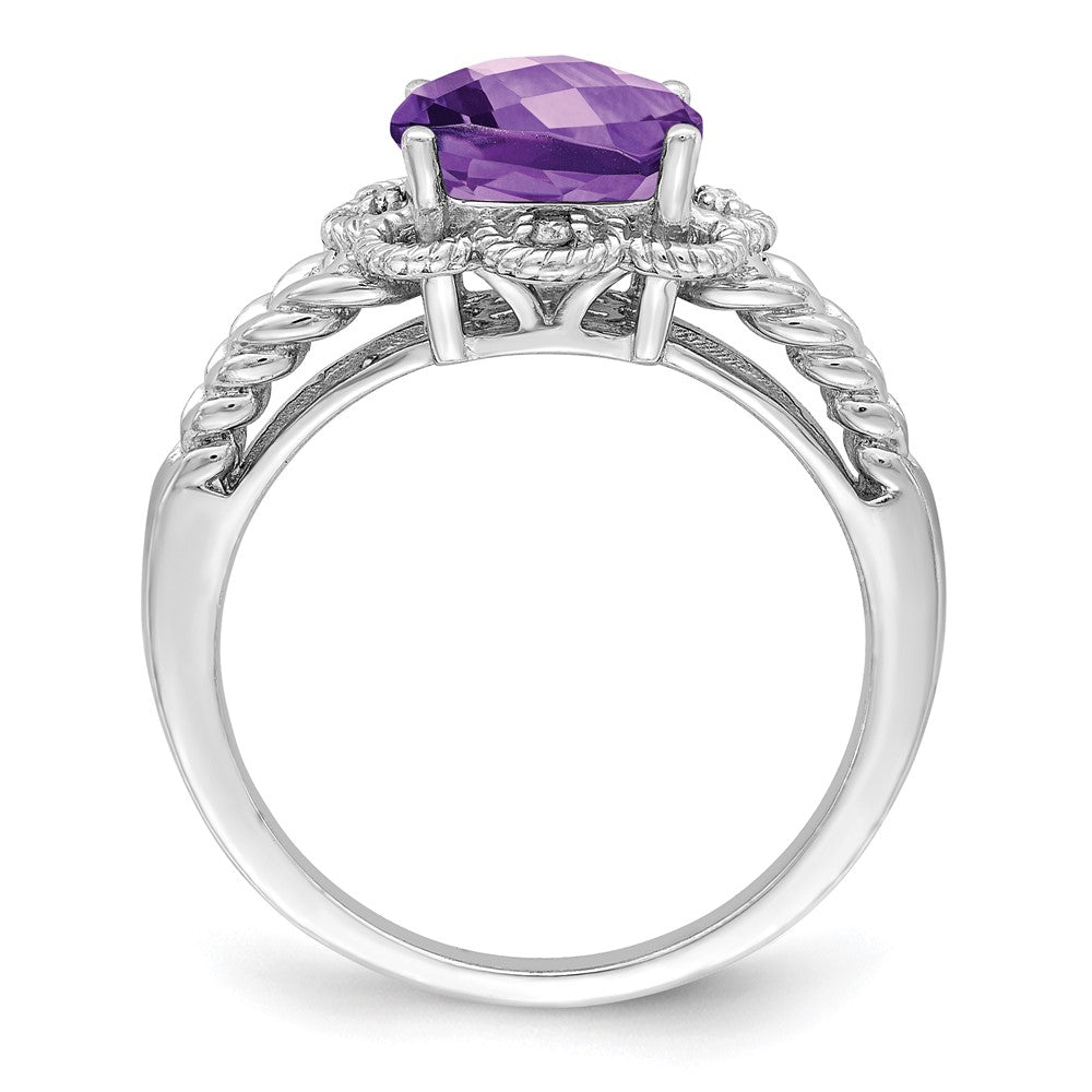 Sterling Silver Rhodium-plated Checker-Cut Amethyst & Diamond Ring