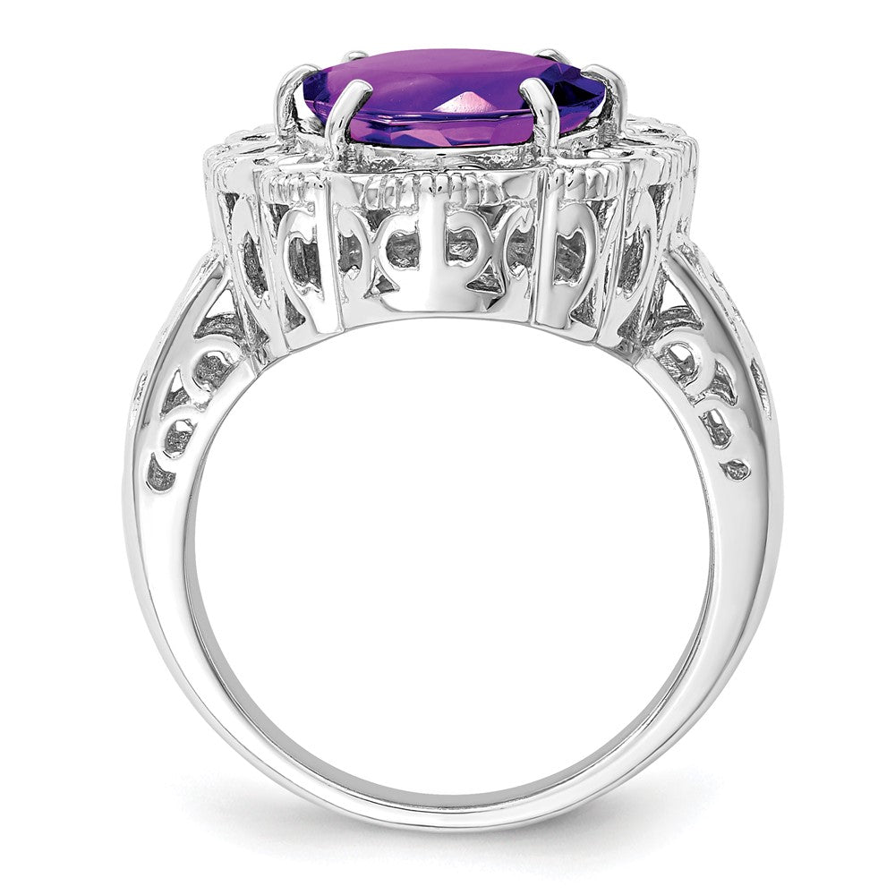 Sterling Silver Rhodium-plated Oval Amethyst Ring