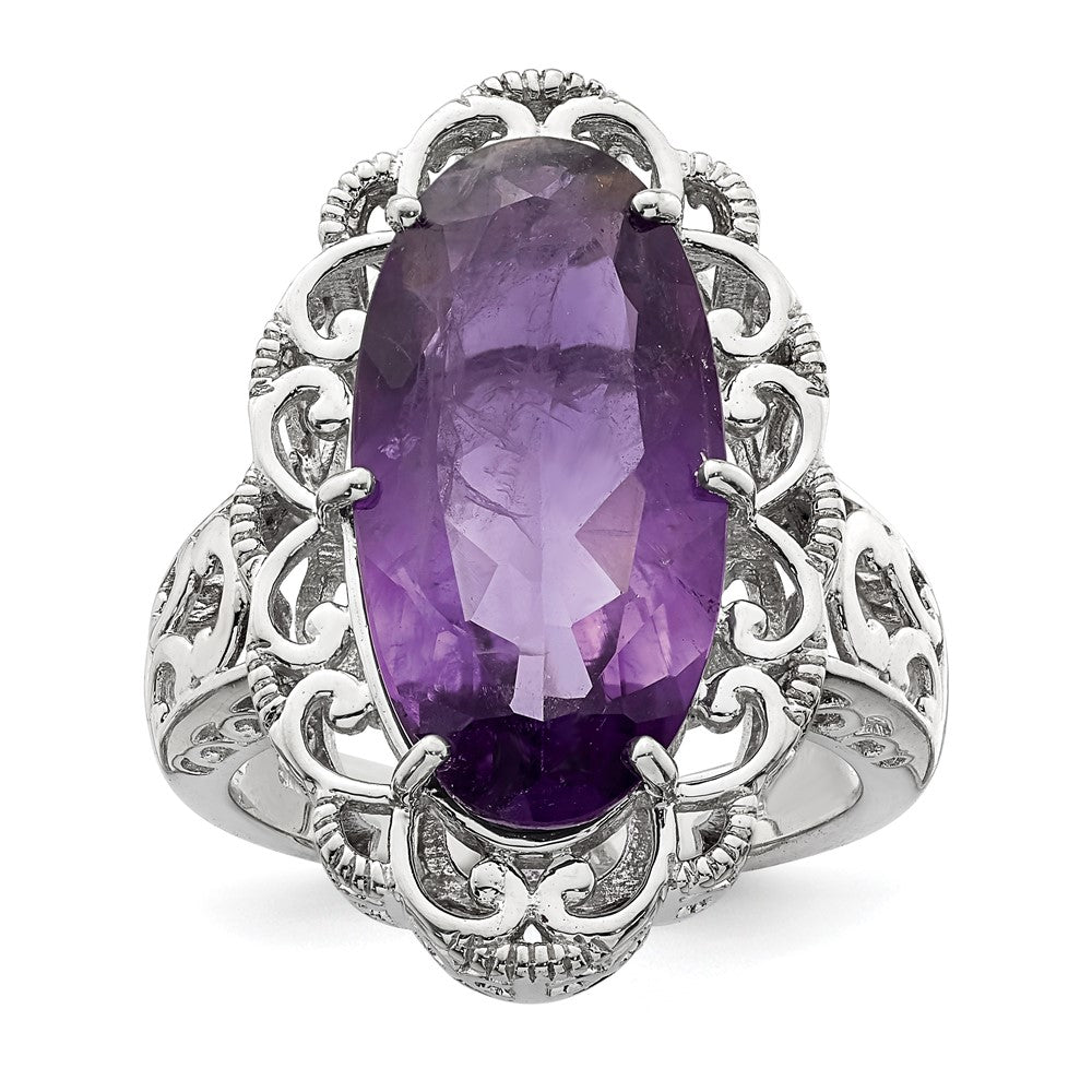 Sterling Silver Rhodium-plated Oval Amethyst Ring