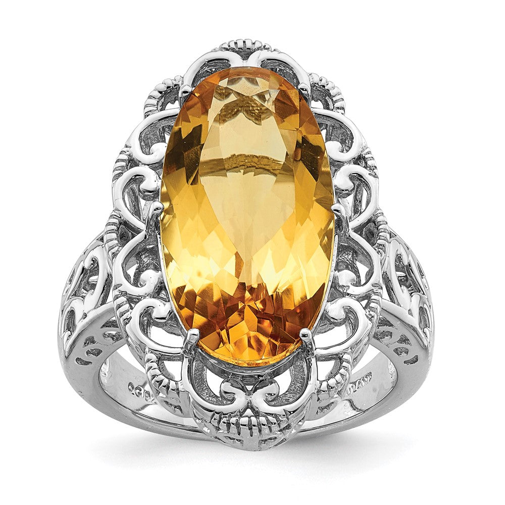Sterling Silver Rhodium Oval Citrine Ring