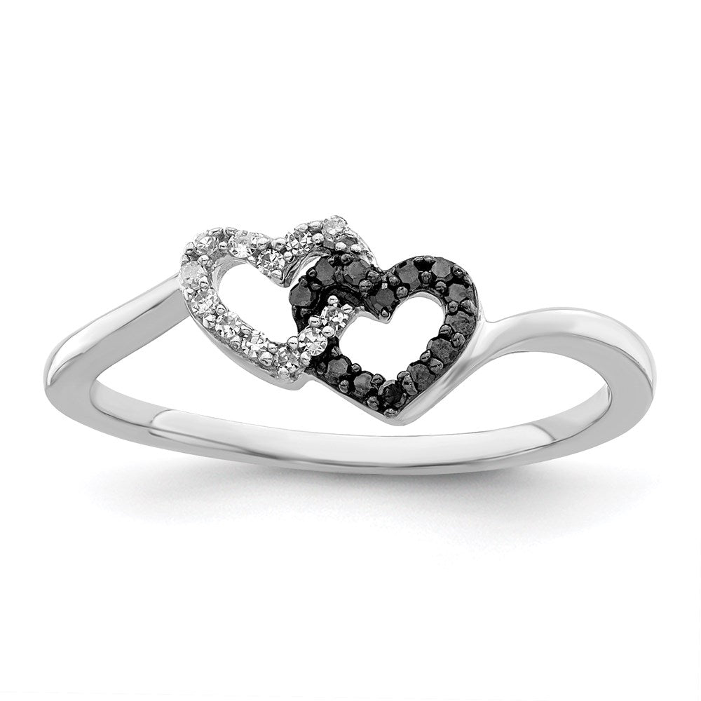 White Night Sterling Silver Rhodium-plated Black and White Diamond Double Heart Ring