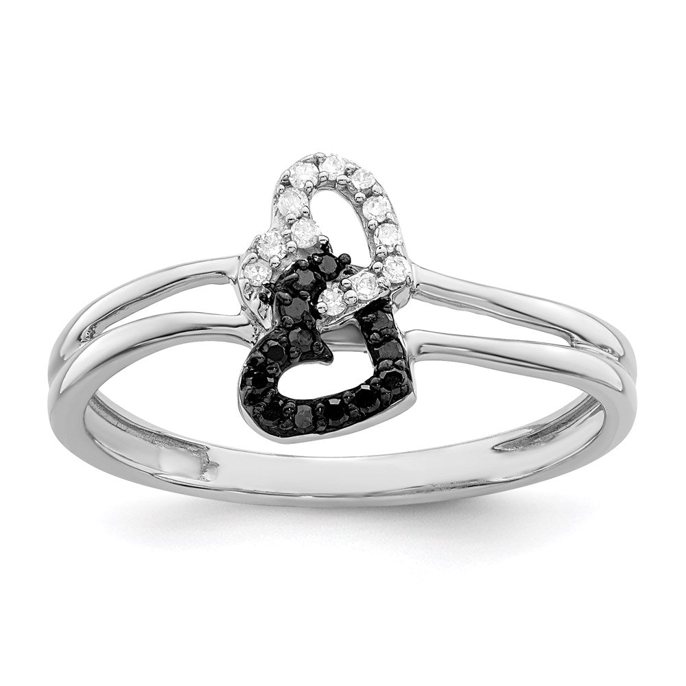 White Night Sterling Silver Rhodium-plated Black and White Diamond Double Heart Ring