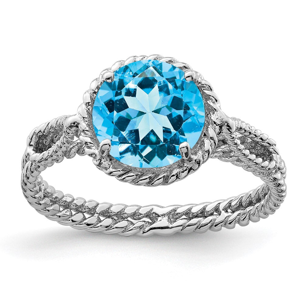 Sterling Silver Rhodium Blue Topaz Twisted Circle Ring