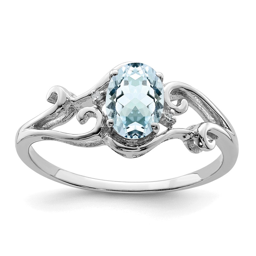 Sterling Silver Rhodium Plated Diamond & Aquamarine Oval Ring