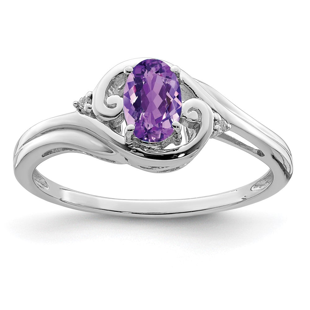 Sterling Silver Rhodium Plated Diamond & Amethyst Ring