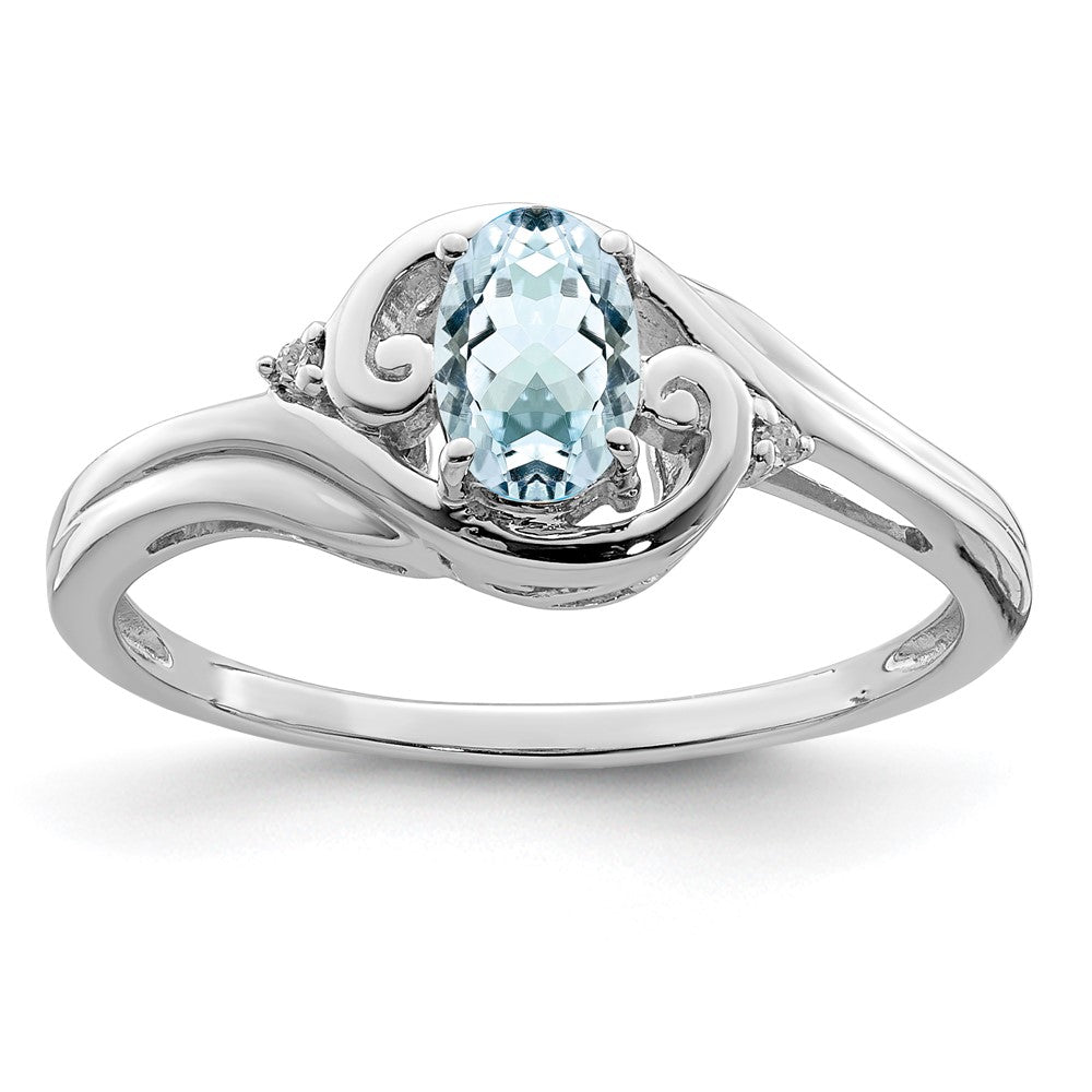 Sterling Silver Rhodium Plated Diamond & Aquamarine Ring