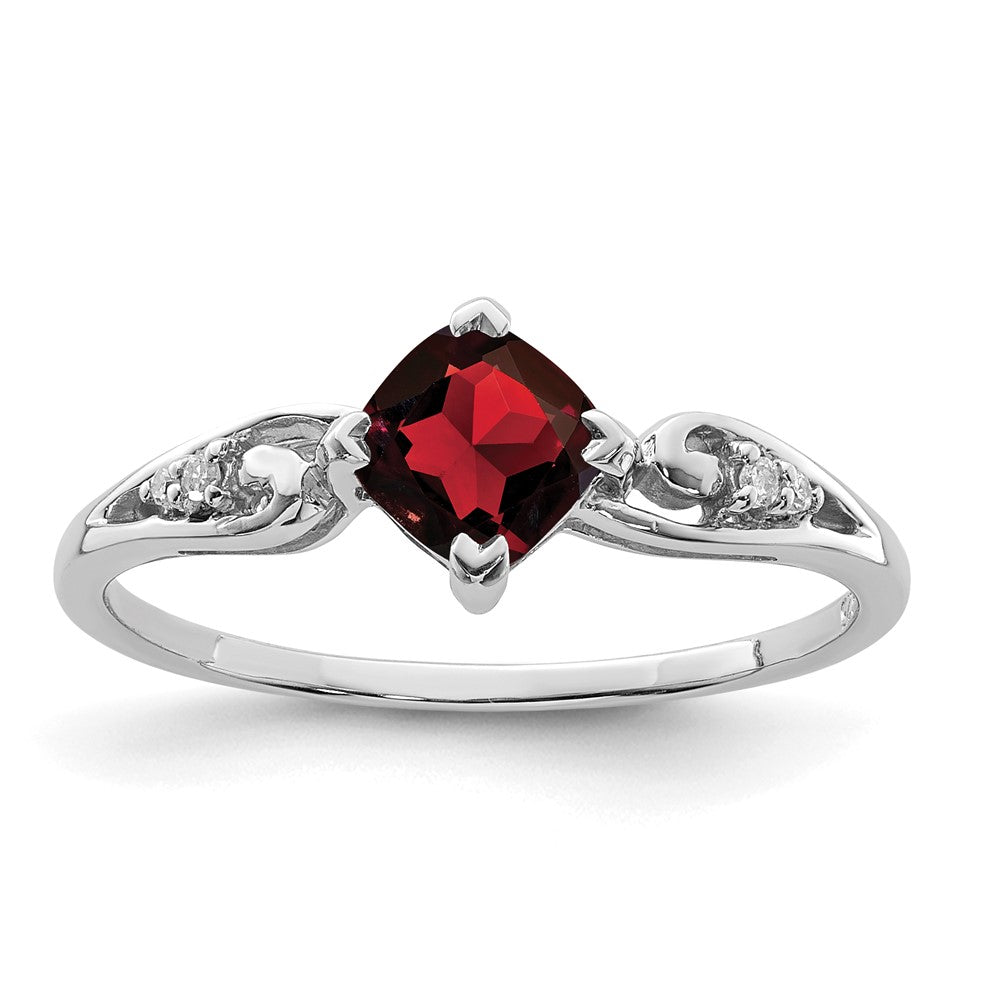 Sterling Silver Rhodium Plated Diamond and Garnet Cushion Ring