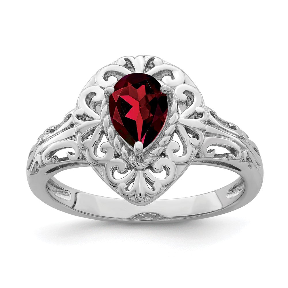 Sterling Silver Rhodium Plated Garnet Teardrop Ring