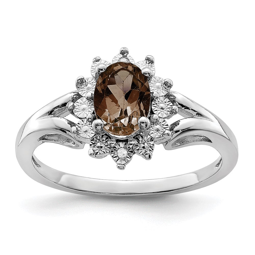 Sterling Silver Rhodium Diam. & Smoky Quartz Ring