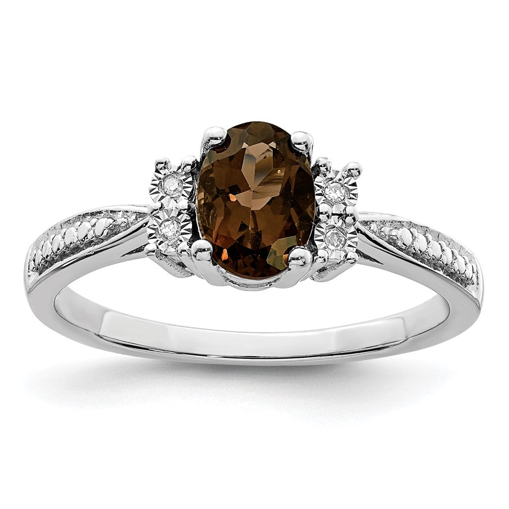 Sterling Silver Rhodium Diam. & Smoky Quartz Ring