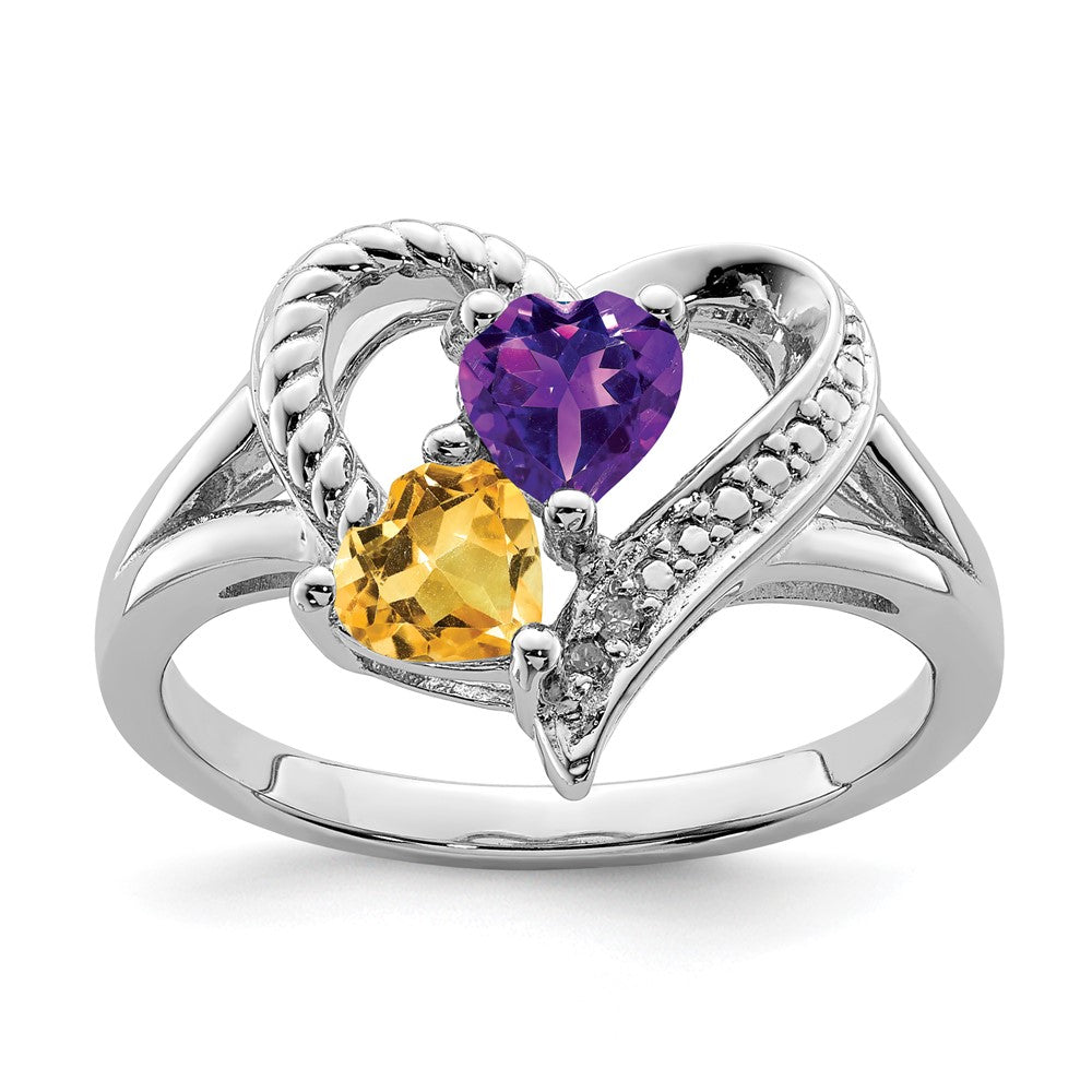 Sterling Silver Rhodium Amethyst & Citrine Diam. Ring