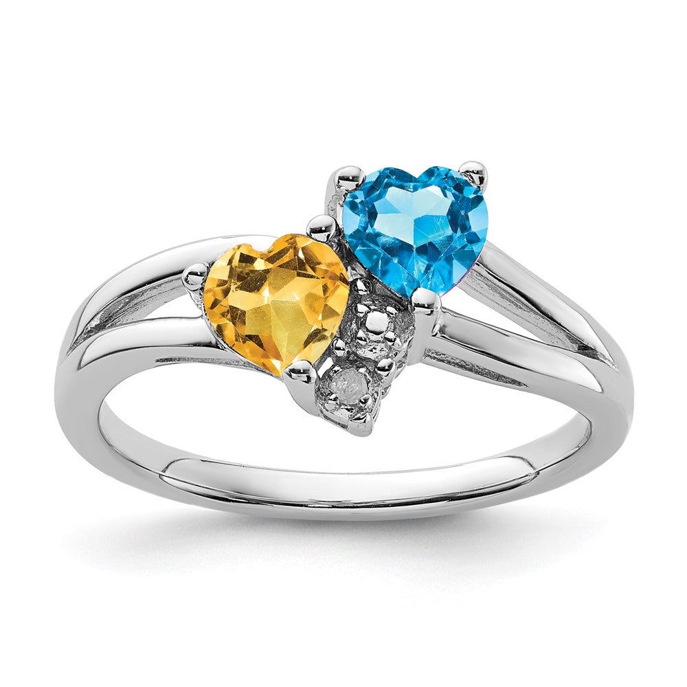 Sterling Silver Rhodium Blue Topaz & Citrine Diam. Ring