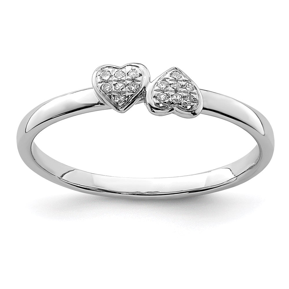 Sterling Silver Rhodium Plated Diamond Double Heart Stackable Ring