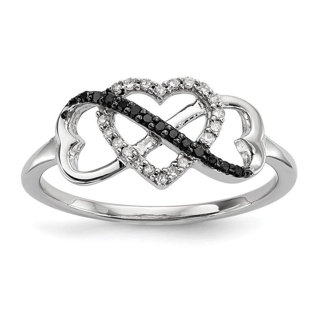 Sterling Silver Black and White Diamond Triple Heart Ring