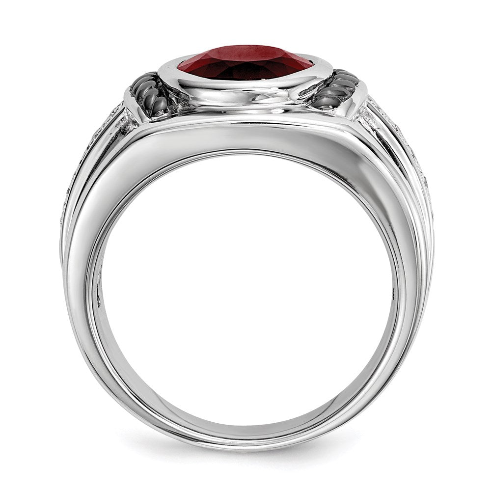 White Night Sterling Silver Black Rhodium-plated Garnet and Diamond Oval Men's Ring