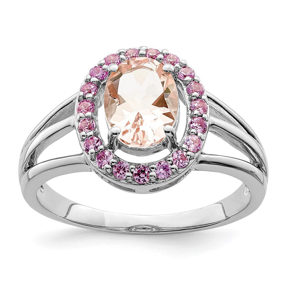 Sterling Silver Rhodium Morganite & Pink Sapphire Oval Ring