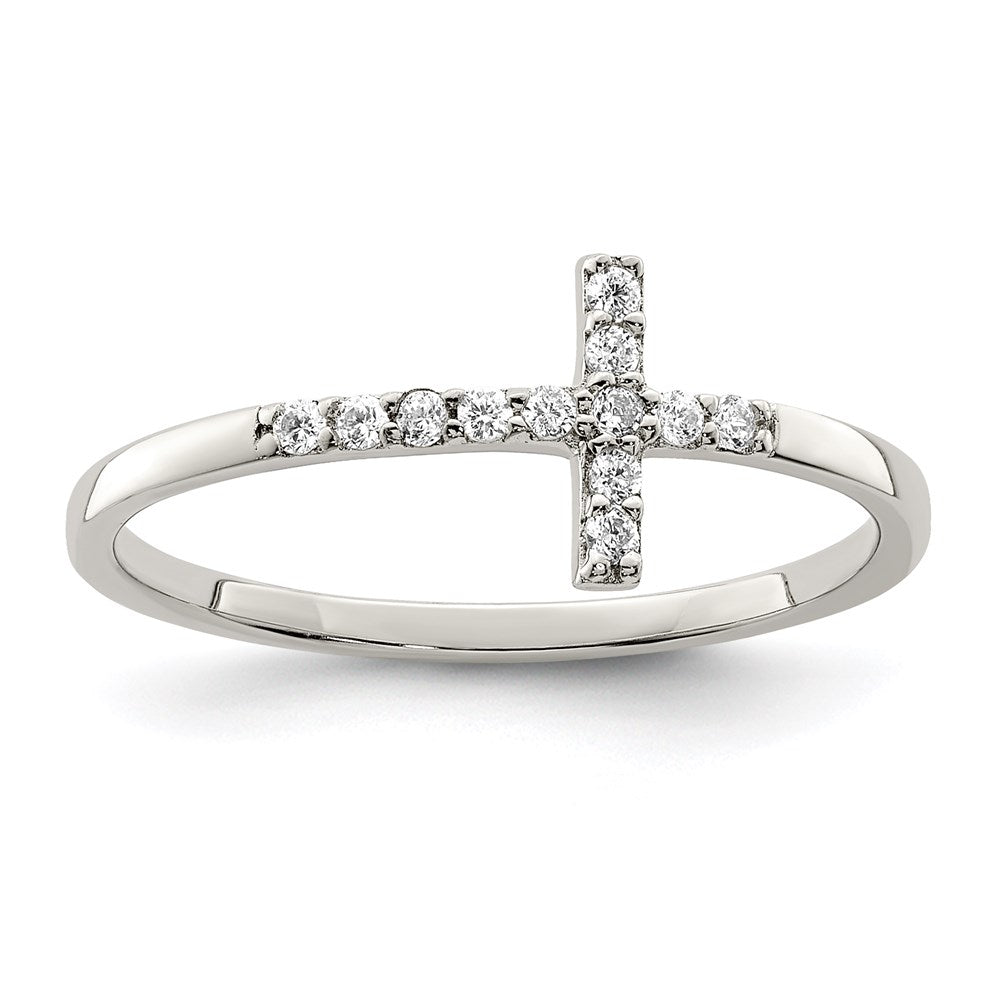 Sterling Silver Rhodium-plated CZ Sideways Cross Ring