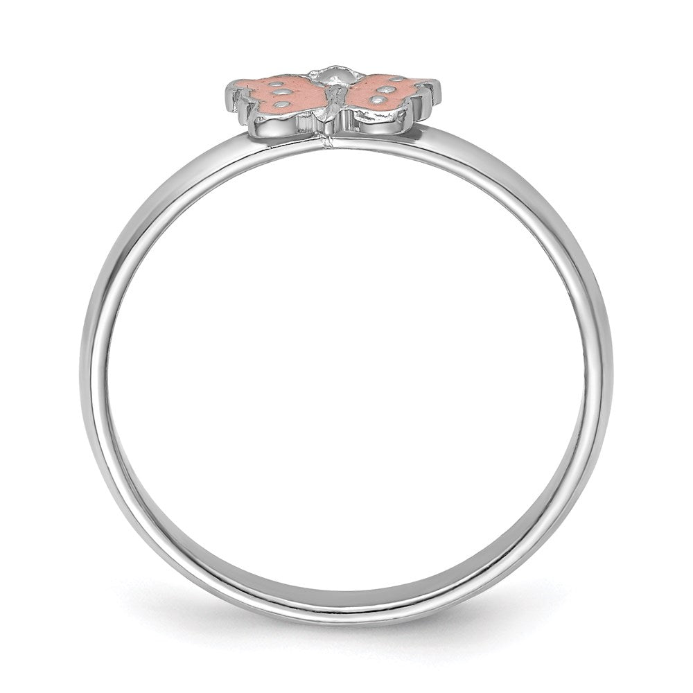 Sterling Silver Rhodium-plated Polished Pink Enameled Butterfly Size 3 Ring