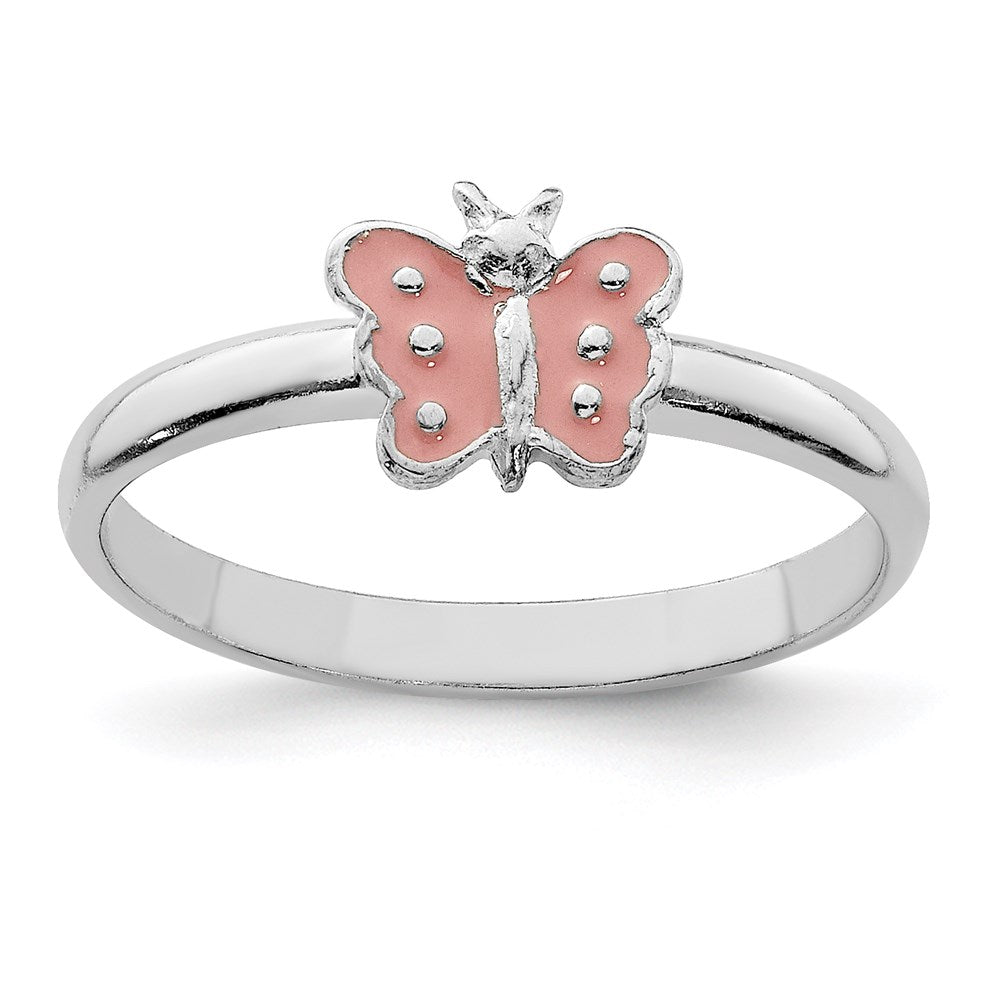 Sterling Silver Rhodium-plated Polished Pink Enameled Butterfly Size 3 Ring