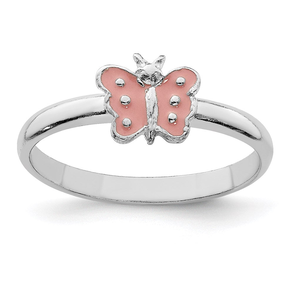 Sterling Silver RH-plated Polished Pink Enameled Butterfly Children's Ring