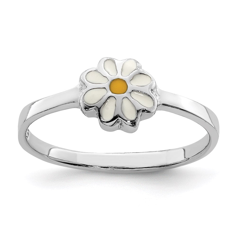 Sterling Silver RH-plated White & Yellow Enameled Daisy Size 4 Ring