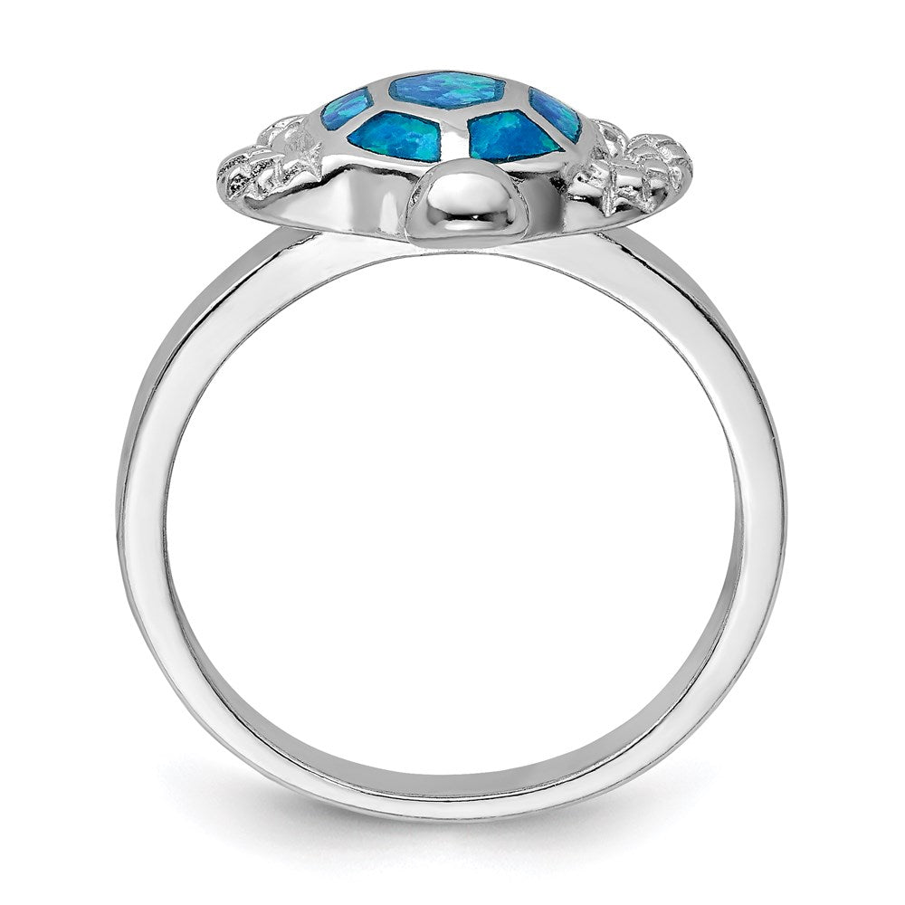 Sterling Silver Rhodium-plated Created Blue Opal Turtle Ring