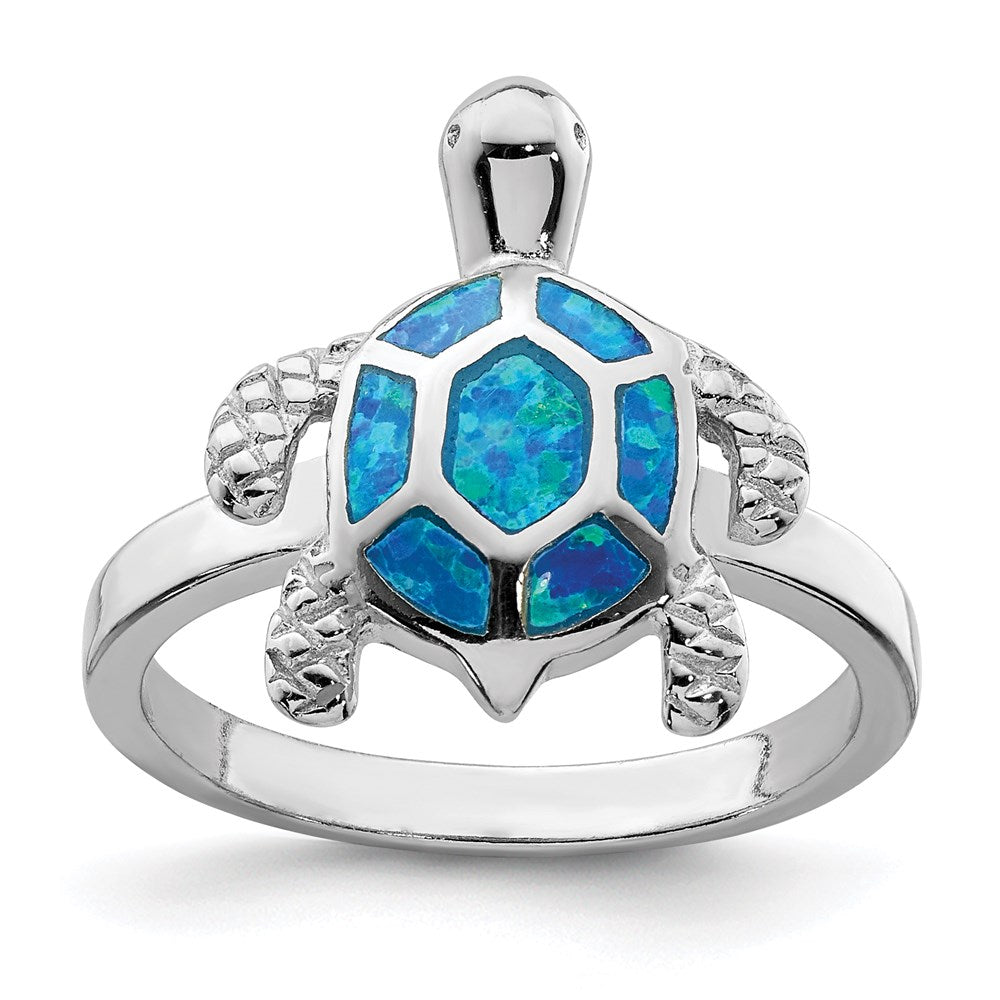 Sterling Silver Rhodium-plated Created Blue Opal Turtle Ring