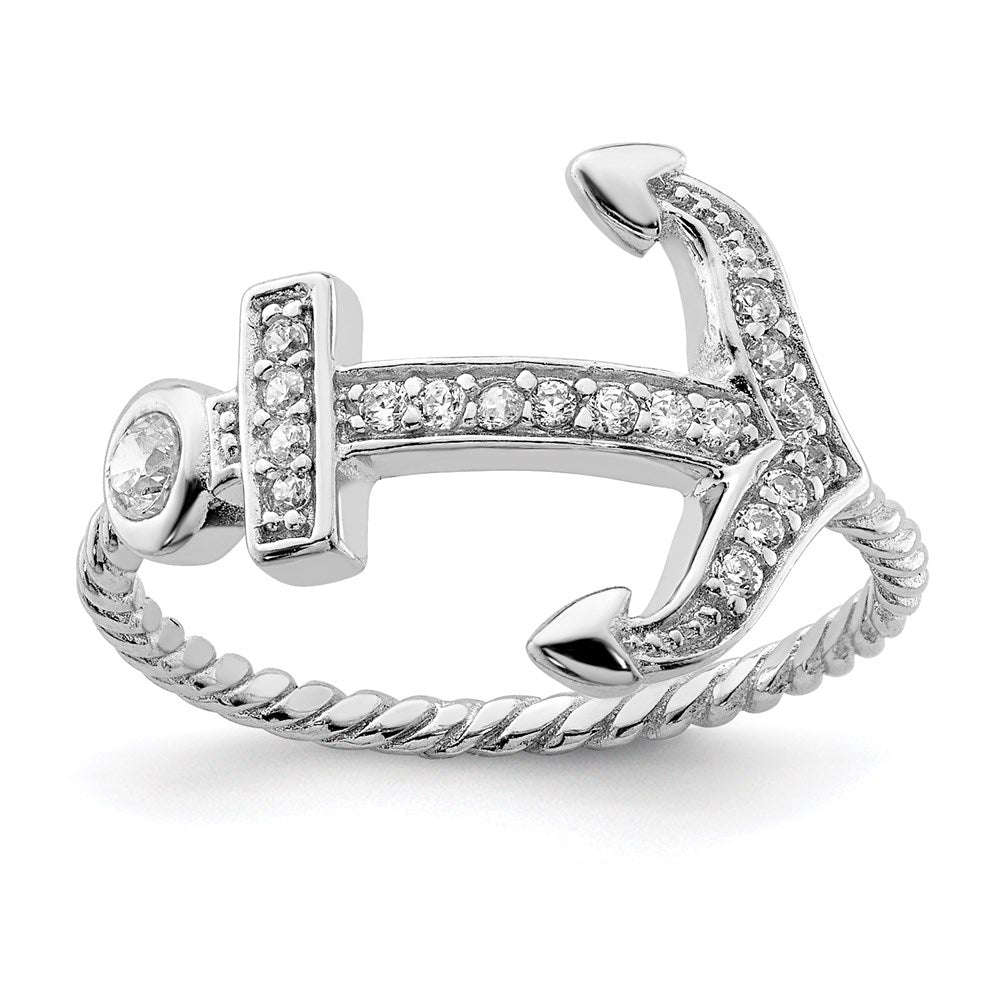 Sterling Silver Rhodium-plated Polished and Textured CZ Anchor Ring