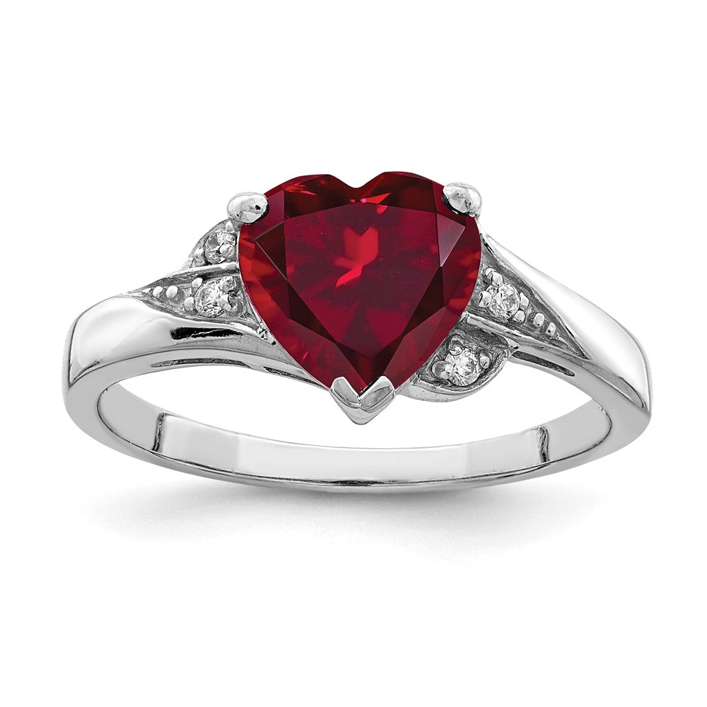 Sterling Silver Rhodium-plated CZ and Lab Cr. Ruby Heart Ring