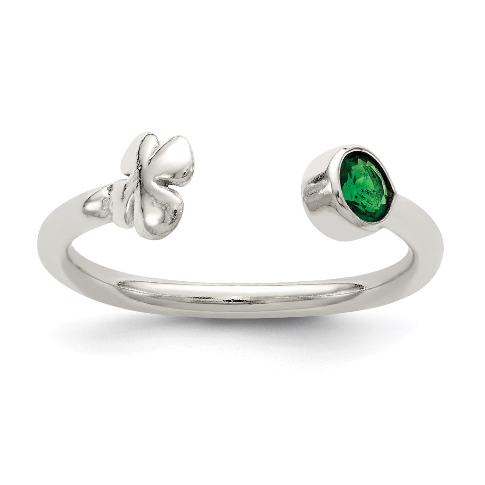 Sterling Silver Green Glass Bead 4-Leaf Clover Adjustable Ring