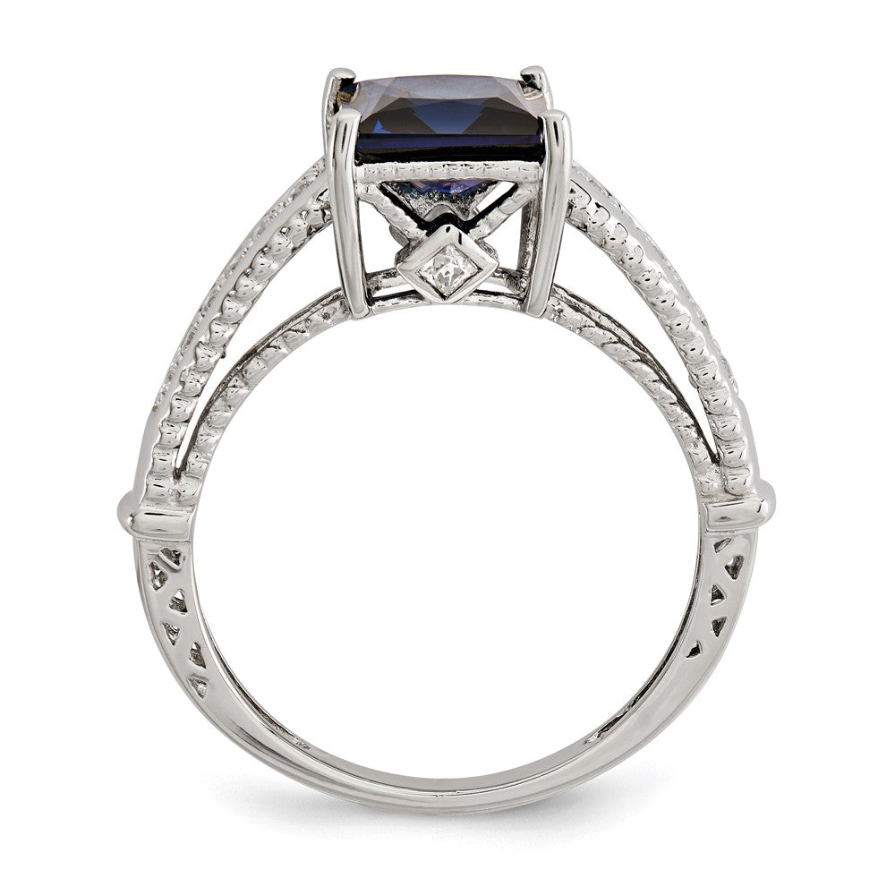 Sterling Silver Rhodium-plated Synthetic Blue Sapphire and CZ Ring