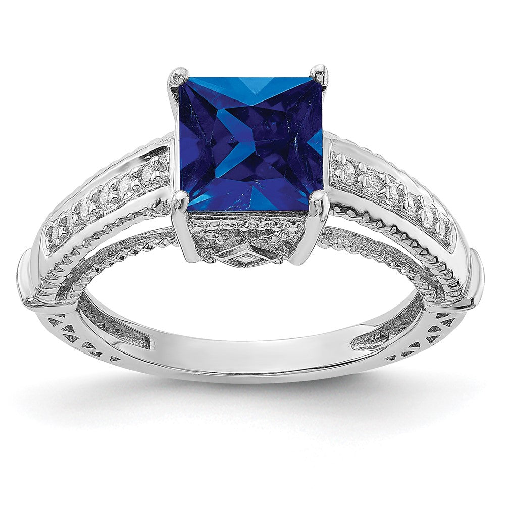 Sterling Silver Rhodium-plated Synthetic Blue Sapphire and CZ Ring