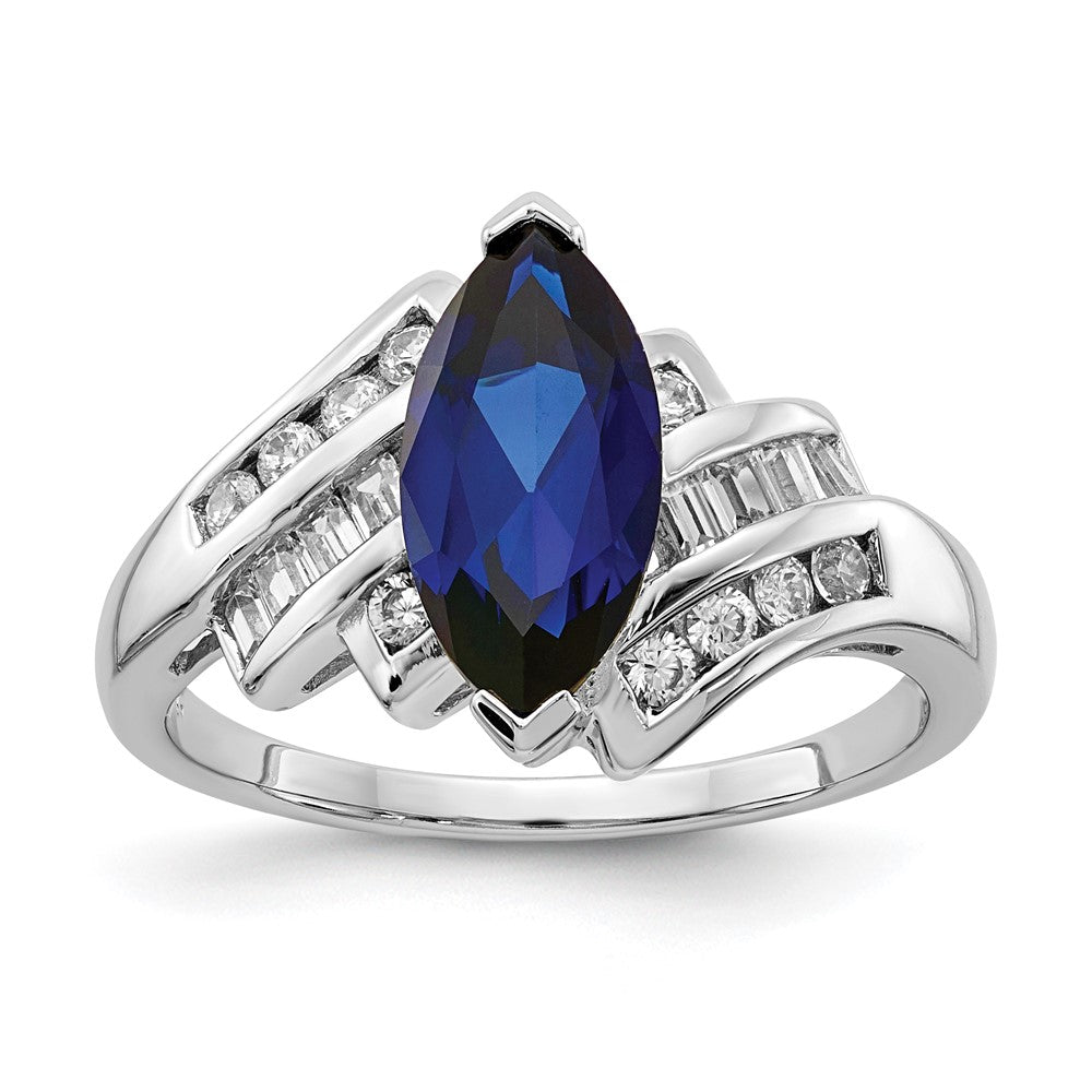 Sterling Silver Rhodium-plated Created Blue Sapphire and CZ Marquise Ring