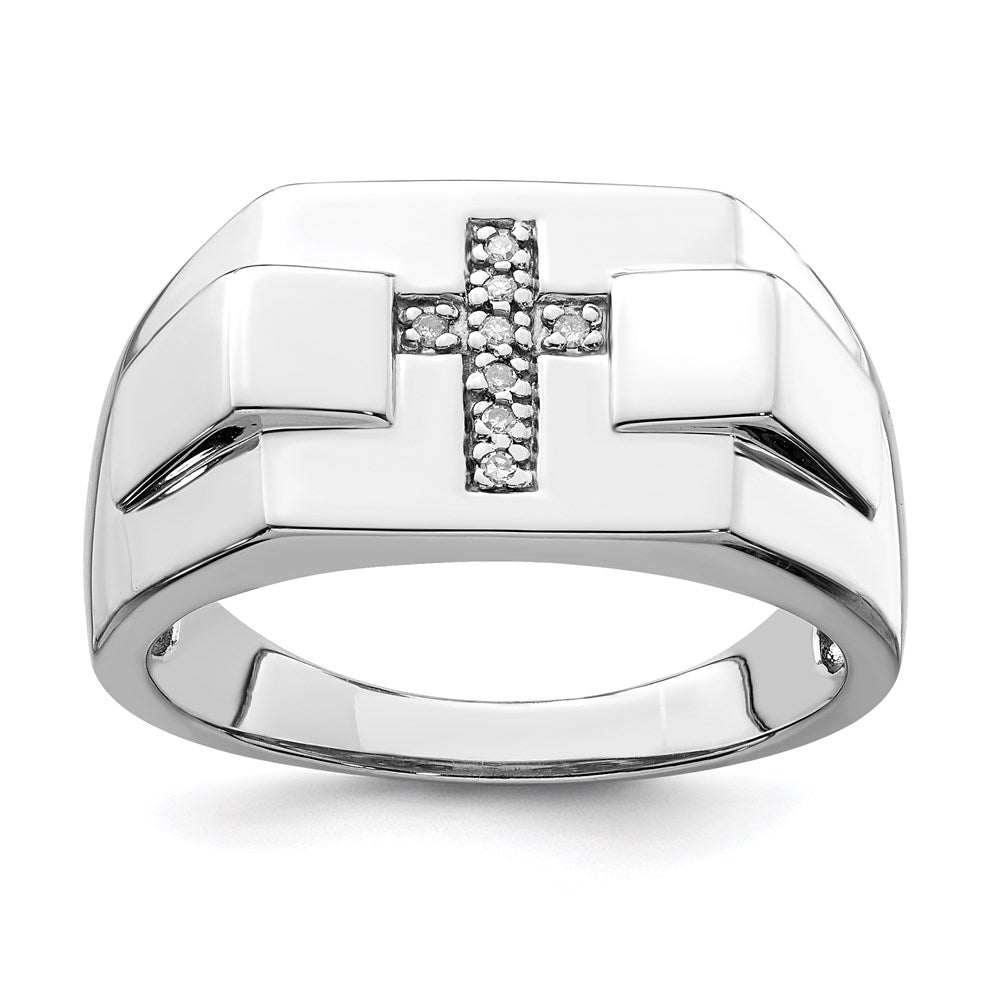 Sterling Silver Rhodium Diam. Cross Signet Ring