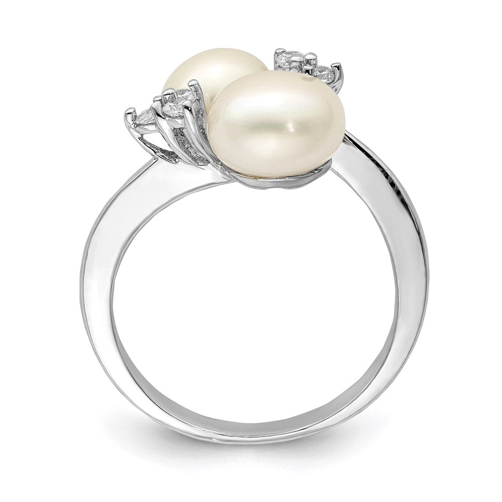 Sterling Silver Rhodium-plated 8- White Button Freshwater Cultured Pearl and CZ Ring