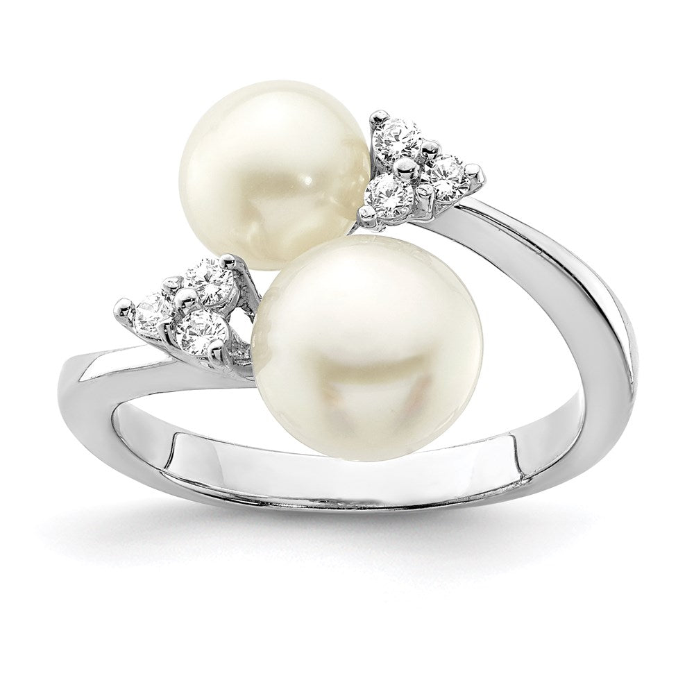 Sterling Silver Rhodium-plated 8- White Button Freshwater Cultured Pearl and CZ Ring