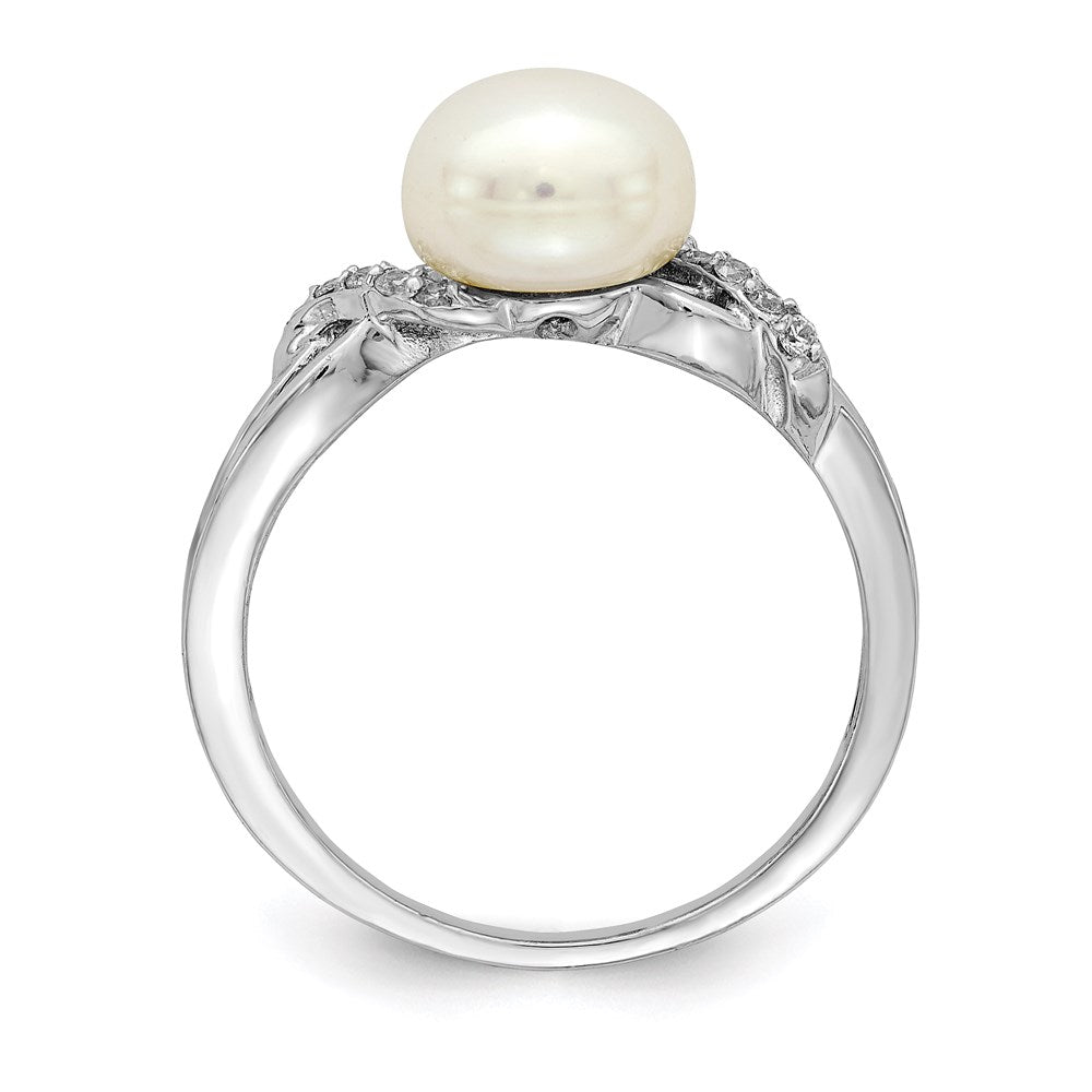 Sterling Silver Rhodium-plated 8- White Button Freshwater Cultured Pearl and CZ Ring