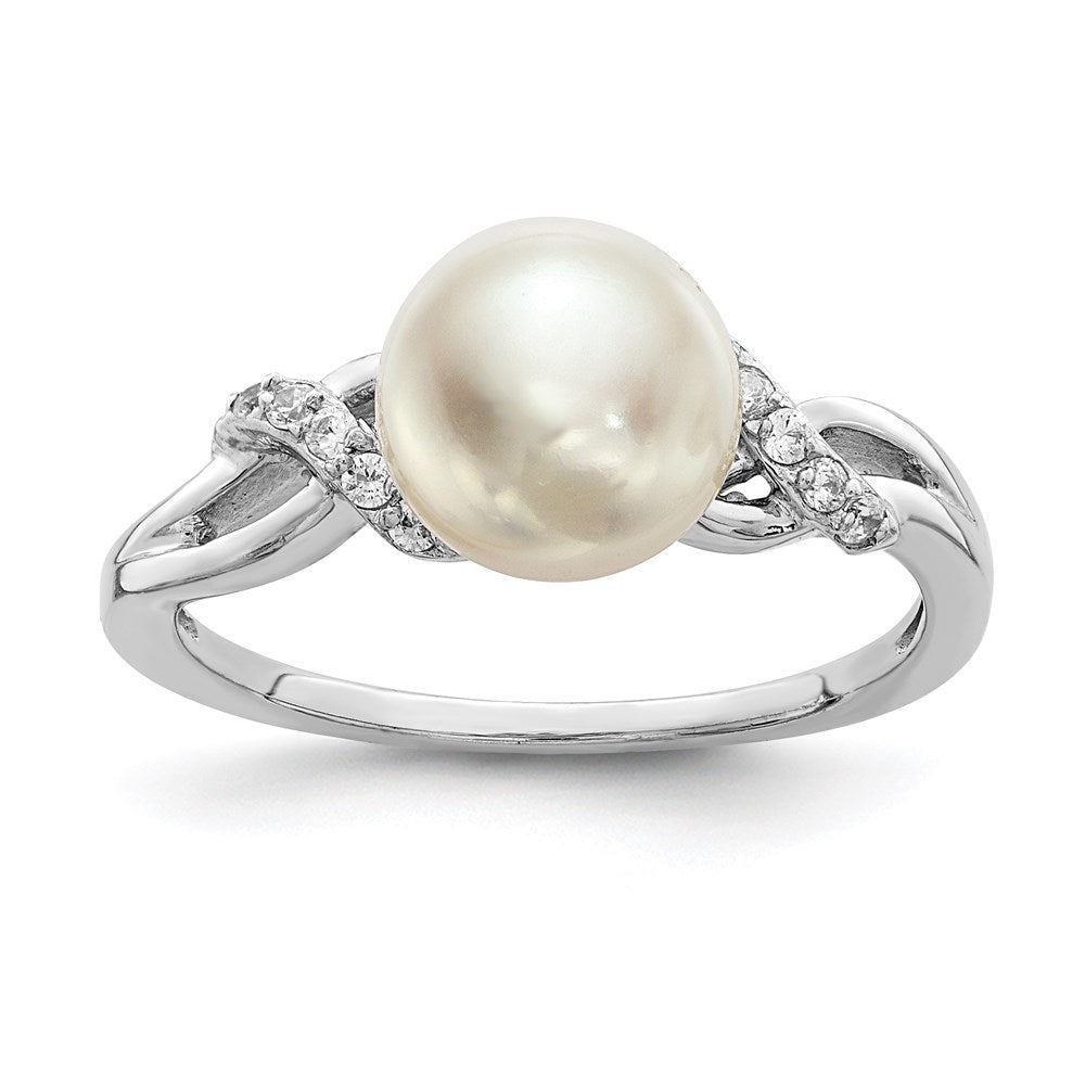 Sterling Silver Rhodium-plated 8- White Button Freshwater Cultured Pearl and CZ Ring