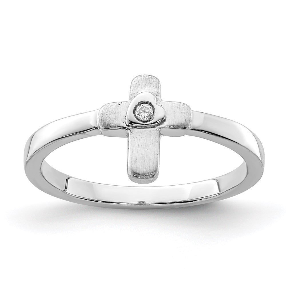 Sterling Silver Polished & Satin CZ Cross Children's Ring