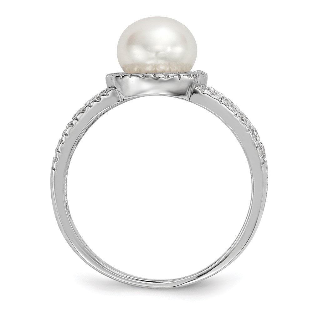 Sterling Silver Rhodium-plated 7- White Button Freshwater Cultured Pearl and CZ Ring