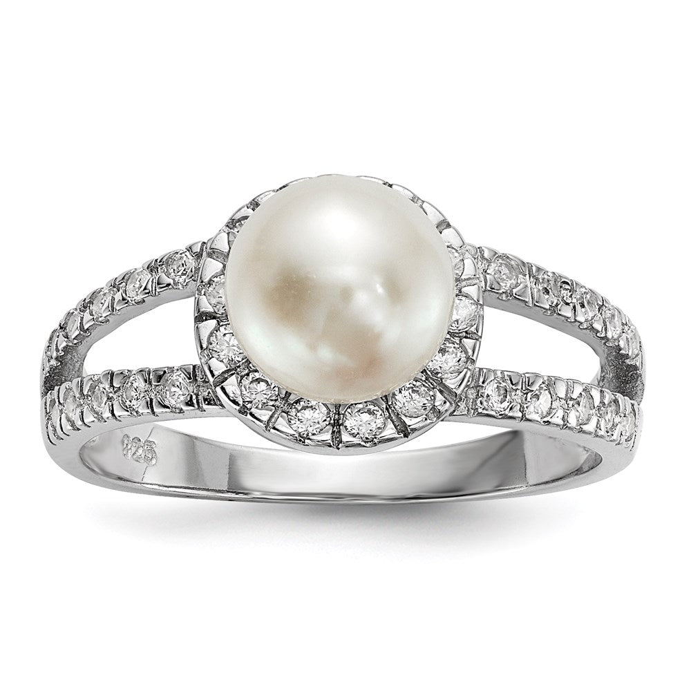 Sterling Silver Rhodium-plated 7- White Button Freshwater Cultured Pearl and CZ Ring