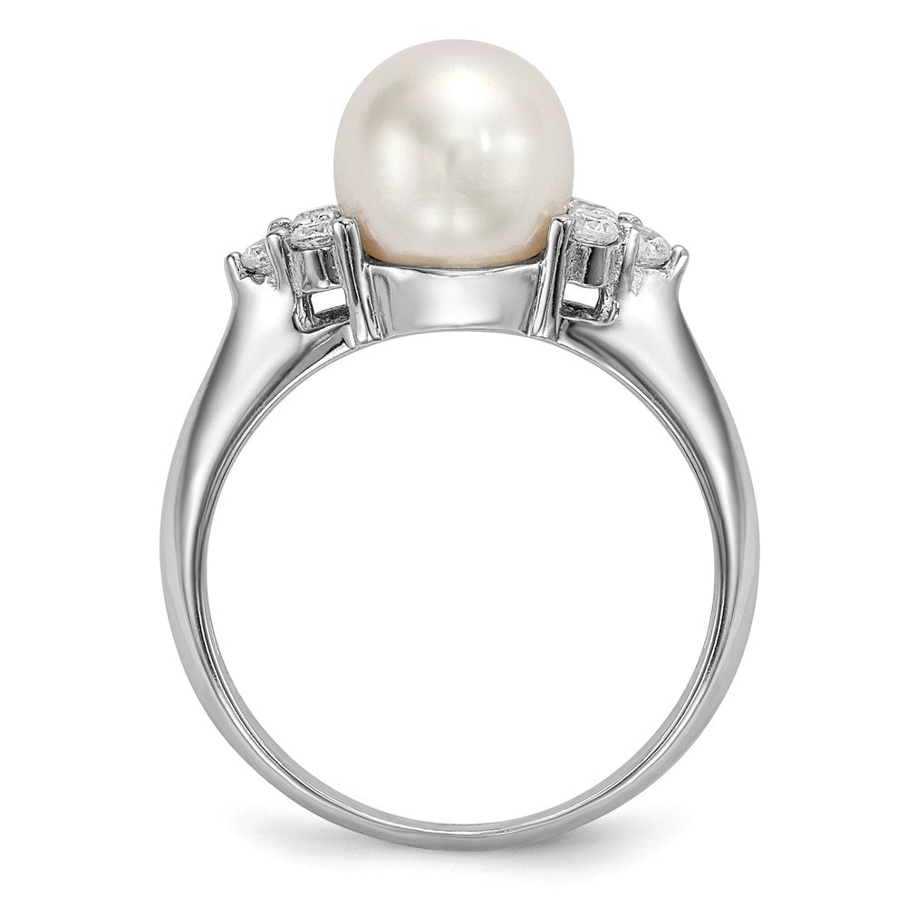 Sterling Silver Rhodium-plated 8- White Button Freshwater Cultured Pearl and CZ Ring